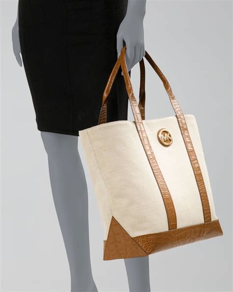 michael kors bag mk pattern brown canvas inside|Michael Kors large canvas tote.